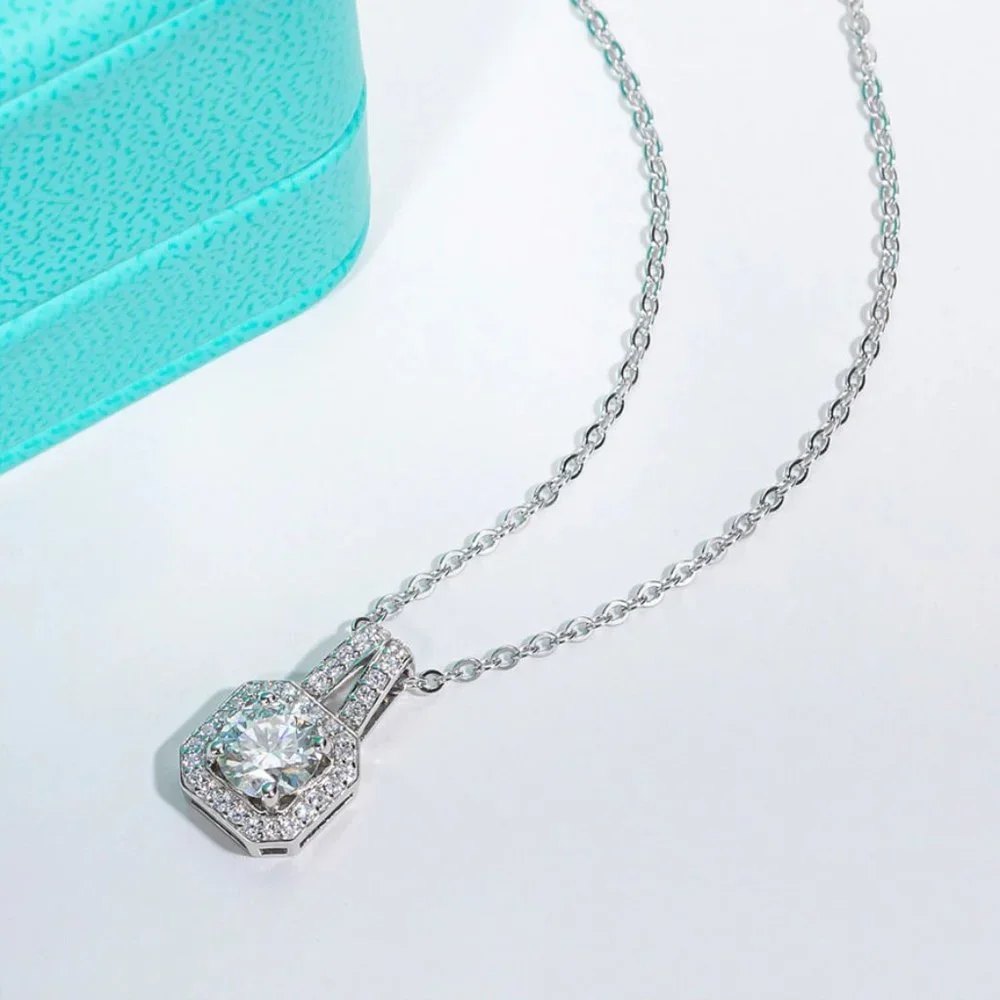 Certified 1ct. t.w. Moissanite Diamond Square Halo Pendant Necklace NEW